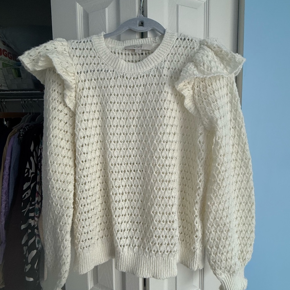 LOFT Cream Knit Sweater with Ruffle Sleeves